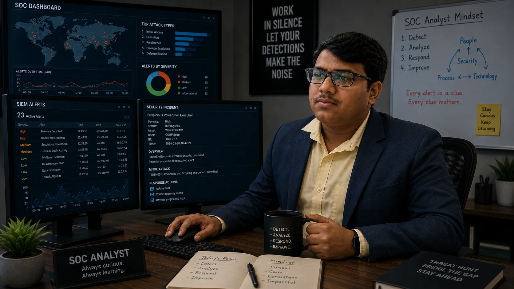 Himangshu Pan at a SOC analyst workstation surrounded by dashboards, detection alerts, and the motto: detect · analyze · respond